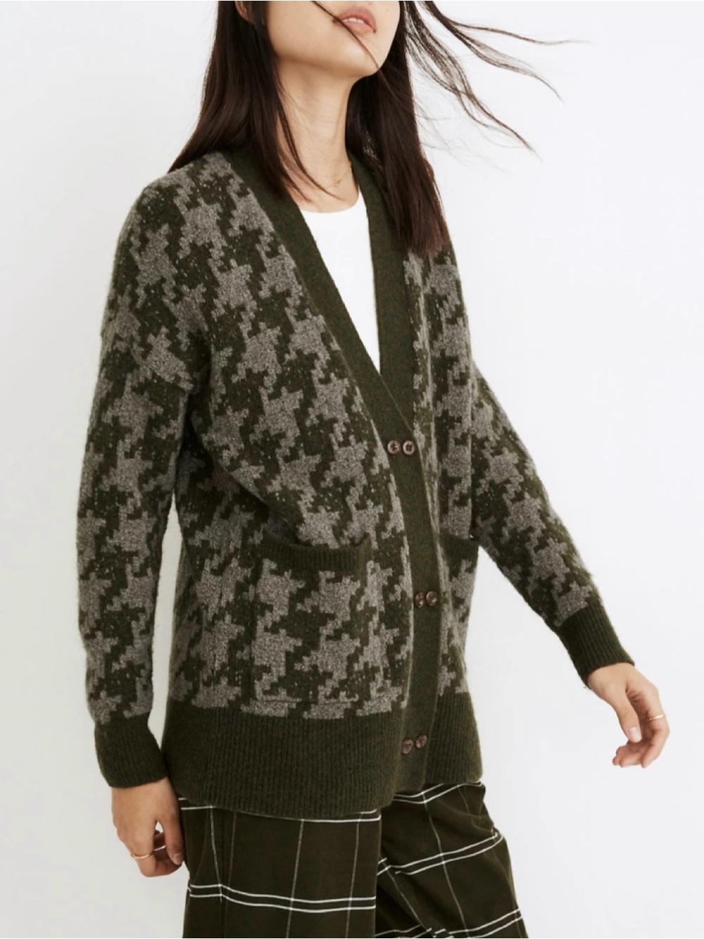 Madewell Allston Double-Button Cardigan Sweater Size S Green Gray Houndstooth